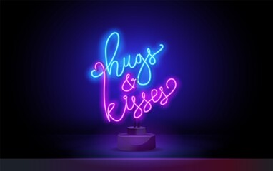 Hugs and kisses for poster in neon style. romantic quotes and word in neon sign style. invitation card, light banner, greeting card, flyer, posters