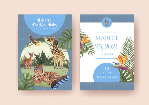 Stats baby card template with jungle tribal animal concept,watercolor style