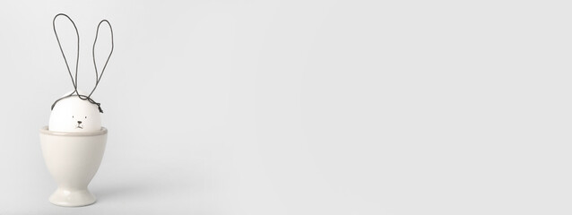 Holder with creative Easter egg on light background with space for text