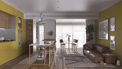 Modern panoramic living room, kitchen and dining room in yellow and wooden tones. Island with stools, table, chairs, sofa. Potted plants and accessories. Interior design concept