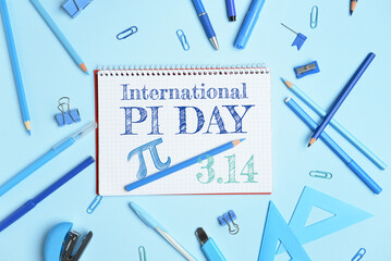 Set of stationery with notebook on color background. International Pi Day - obrazy, fototapety, plakaty