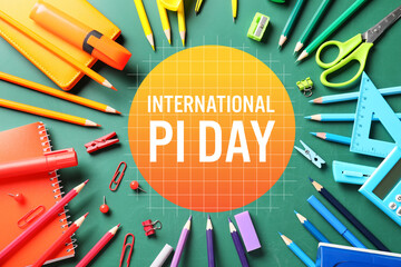 School stationery on chalkboard. International Pi Day