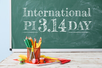 Set of school stationery on table in classroom. International Pi Day - obrazy, fototapety, plakaty