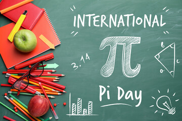 Set of stationery on school chalkboard. International Pi Day - obrazy, fototapety, plakaty