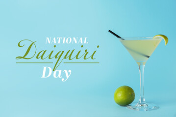 Glass of tasty cocktail on color background. National Daiquiri Day
