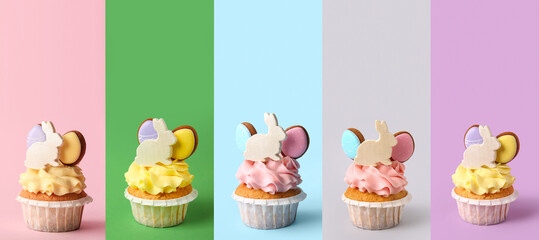 Set of tasty Easter cupcakes on color background