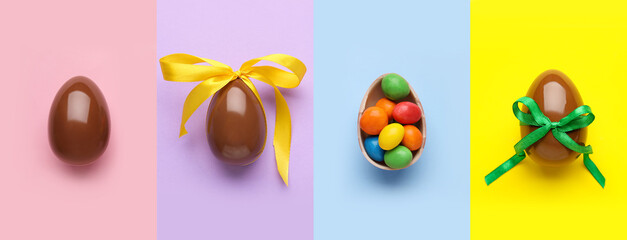Set of sweet chocolate Easter eggs on color background