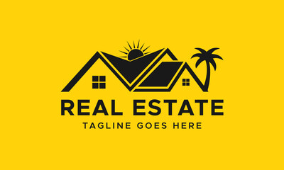 Real estate with sun and tree logo design template