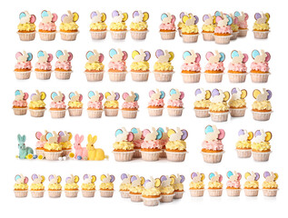 Set of creative Easter cupcakes isolated on white
