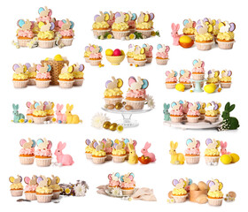 Set of creative Easter cupcakes isolated on white