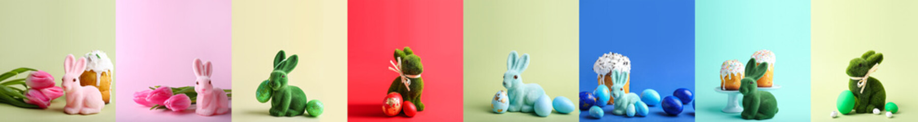 Set of Easter bunnies with eggs, flowers and cakes on color background