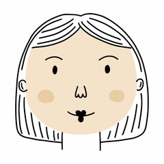 Lovely woman with beautiful smile. Vector doodle illustration. Female character. Girl face in cartoon style.