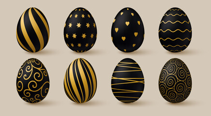 Easter eggs collection. Black and gold 3d elegant design elements.