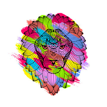 Portrait of a Lion on a watercolor colorful grunge background. Leo head pattern. Colored brush strokes. Doodle, boho ethnic style. Tribal ornament painted by hand. Series ethnic animals. Lion face
