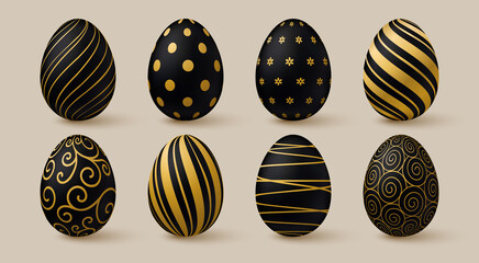 Easter eggs collection. Black and gold 3d elegant design elements.
