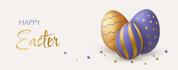 Happy Easter holiday banner. Purple and gold 3d eggs and decorative balls.