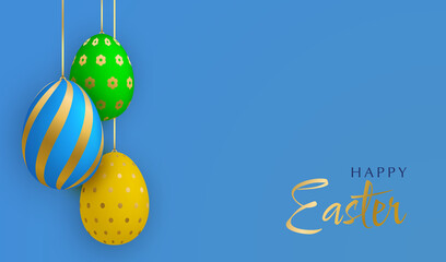 Happy Easter greeting card. Cute 3D eggs hanging on ribbons on blue background.