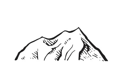 Stone rock from afar. A piece of cliff. In the style of contour engraving. Outline sketch. Hand drawing is isolated on a white background. Vector