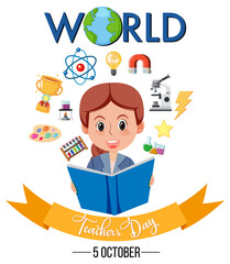 World Teacher's Day banner with a female teacher and school objects