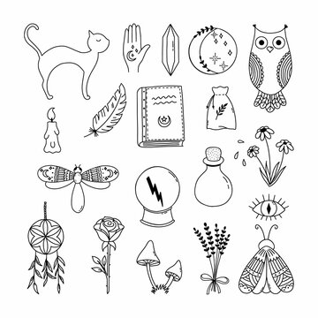 Set of magical symbol in doodle style. Illustration for Halloween. Magic and alchemy.