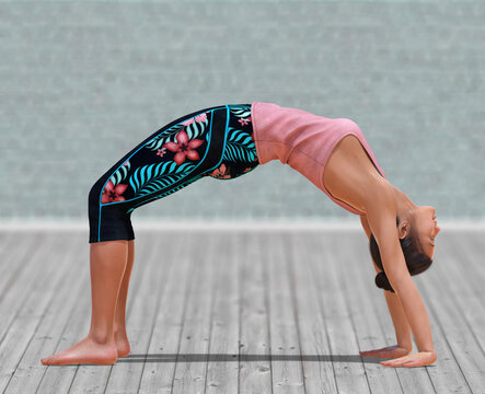Virtual Woman in Yoga Wheel Pose with a clear wood floor