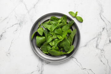 Plate with mint leaves on light background