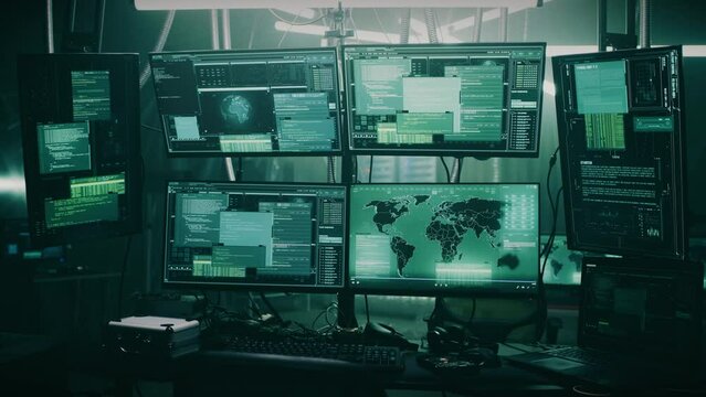 Pan around view of modern computer monitor with world map and various data located on desk in dark room of hacker base