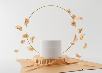 White and blank, unbranded cosmetic cream jar standing on silk podium with golden ring and golden flower petals. Skin care product presentation. Elegant mockup. Skincare, beauty and spa. 3D rendering.