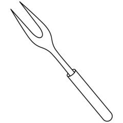 Large barbecue fork with two prongs. Sketch. Tool for turning and removing meat and fish from the grill. Vector illustration. Coloring. Outline on isolated background. Doodle style. Special cook tool.