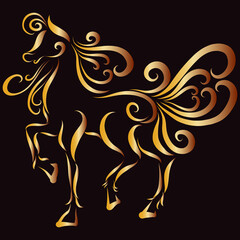 Obraz premium logo of a golden galloping horse with a fluffy graceful ornate mane jumping playfully knocking its hoof year of the fiery horse