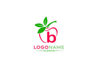 Small Letter b logo in fresh apple with green leaves, letter b logo and natural fruit apple vector shape