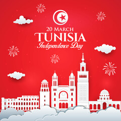 Vector illustration of Tunisia Independence Day celebration with city skyline in paper cut style. - obrazy, fototapety, plakaty