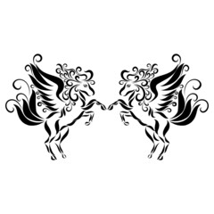 romantic couple winged pegasus with long curly mane with graceful creative pattern gallop and raise hooves and jump in black colors