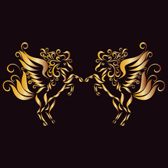 a romantic pair of winged pegasi with long curly manes with an elegant pattern gallop and raise their hooves and jump in golden colors