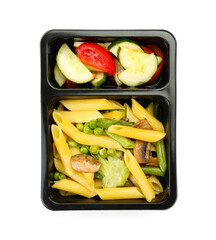 Delicious pasta and vegetables in lunch box on white background