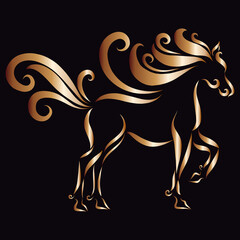 logo of a golden galloping horse with a fluffy graceful ornate mane jumping playfully knocking its hoof year of the fiery horse