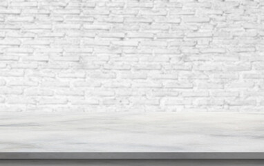 Empty white marble table top with brick wall background