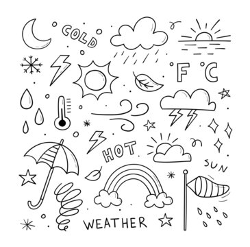 Set of weather icons. Hand drawn doodle illustration. Contains sign of the sun, clouds, snowflakes, wind, rain, moon, lightning and more isolated on white background.