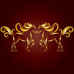 Obraz na płótnie Canvas two enamored galloping horses fluffy graceful curly mane jumping friends together playful and fun romantic logo year of the fiery golden horse