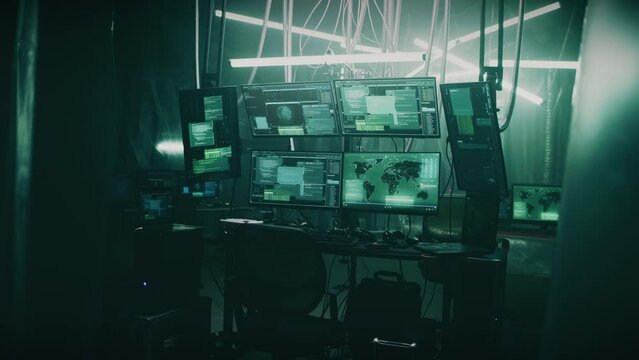 Dark hacker refuge with lamps and tables and computer equipment with programs for cyber crimes and cyber attacks