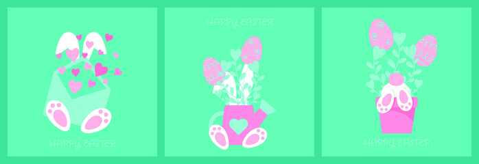 Happy easter collection with rabbit paws in pot,pastel colorful eggs and simple flowers compositions.Cute holiday vector illustration.For invitation,postcard,print,sticker,banner,poster and others.