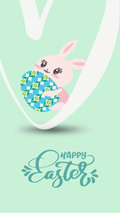 A bunny jumps through a big heart, happily holding a green and sky blue patterned Easter egg.  Text: Happy Easter.  vector.