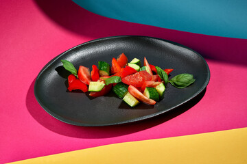Fresh vegetable salad on a black plate