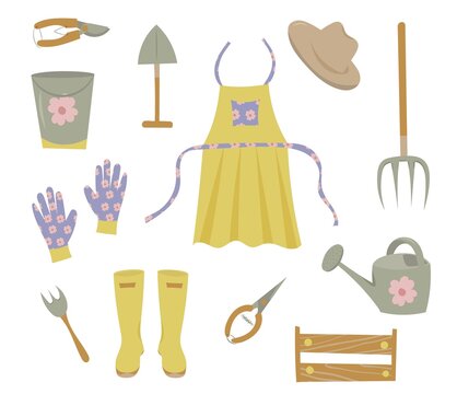 garden tool set. gardening or farming concept. a shovel, a pitchfork, garden shears, a pruner, boots, gloves, a bucket, an apron, a watering can, a hat, a wooden box are depicted. vector illustration