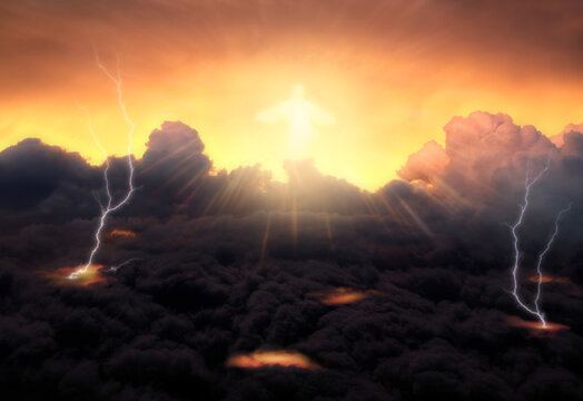 God light appears on clouds for the final judgment. Reckoning day concept religious theme.
