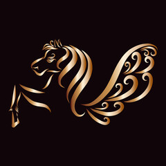 A beautiful winged pegasus gallops with long curly manes with a graceful pattern of golden color