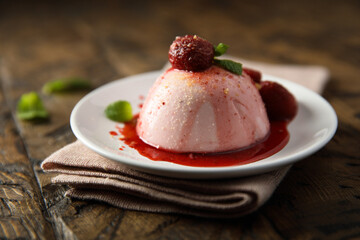 Homemade strawberry panna cotta with berry sauce - obrazy, fototapety, plakaty