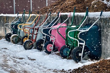 Viele bunte Schubkarren stehen an einer Betonmauer aufgereiht