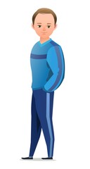 Little boy in tracksuit. Guy got ready for sports activities. Cheerful person. Standing pose. Cartoon comic style flat design. Single character. Illustration isolated on white background. Vector