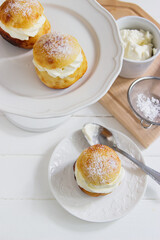 Fastelavn carnival buns sweet powder traditional nordic food.